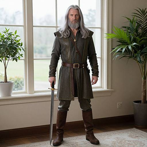 Photograph of a gray-bearded man with long hair, wearing a dark, belted coat, brown boots, and holding a sword, standing in
