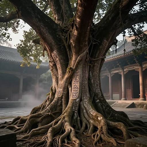 Sacred Tree in Ancient Temple Courtyard
