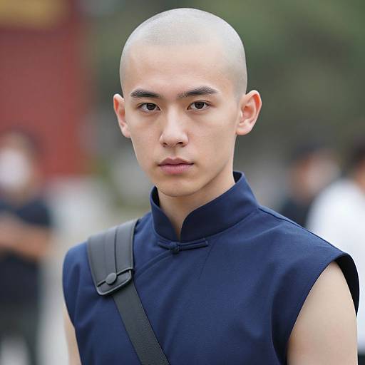 Photograph of a young, bald Asian male with fair skin, wearing a sleeveless, high-collared navy blue shirt and black strap, standing