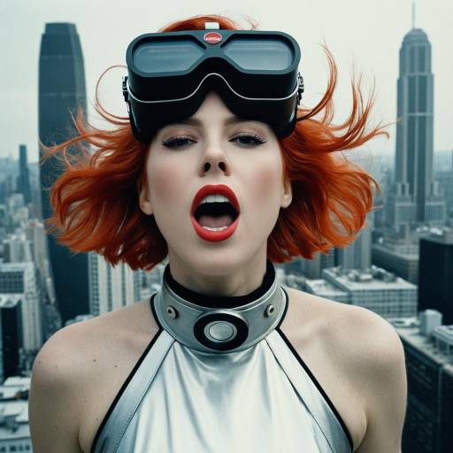 Futuristic Red-Haired Woman with VR Goggles in Cityscape