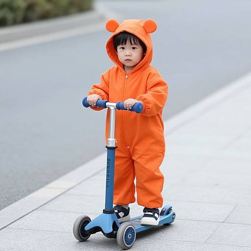 Boy in Orange Jumpsuit with Scooter
