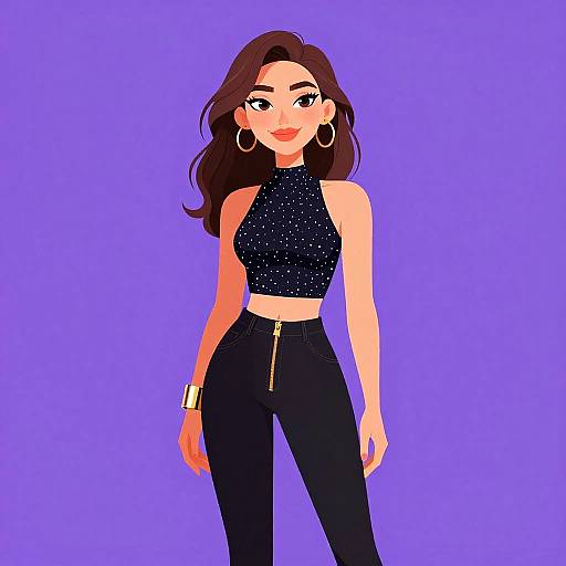 Digital illustration of a confident woman with long brown hair, wearing a black sparkly crop top, high-waisted black jeans, gold hoop earrings,