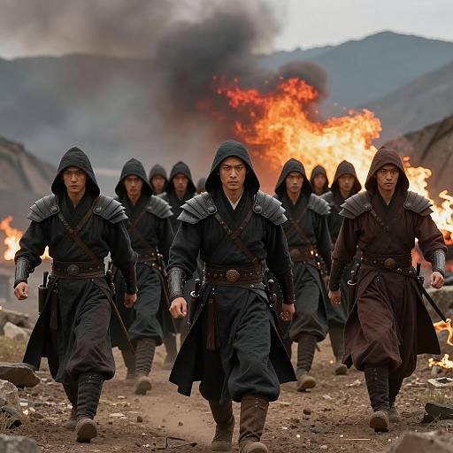 Armored Warriors Advancing Through Fiery Landscape