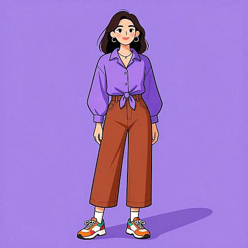 Digital illustration of a smiling woman with long black hair, wearing a purple tied blouse, brown high-waisted pants, white socks, and orange sneakers