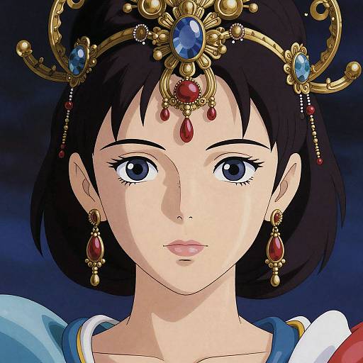 Digital anime-style portrait of a fair-skinned woman with black bob hair, wearing an ornate gold headpiece with blue and red gems, and matching