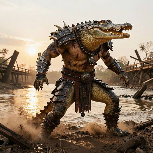 Digital art of a muscular, armored crocodile warrior standing in a muddy, sunlit swamp with broken wooden structures in the background.