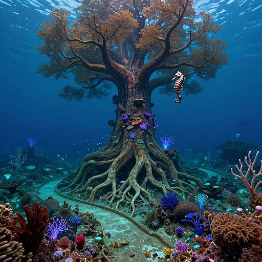 Photorealistic underwater scene of a giant tree with sprawling roots, surrounded by vibrant coral, sea anemones, and a hovering sea horse. Bright