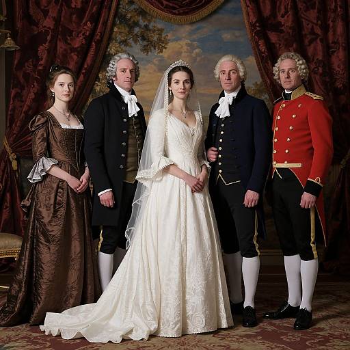 Photograph of a regal 18th-century family portrait: a bride in a white gown, four men in military and formal attire, standing in