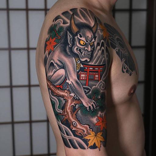 Bold Tengu Sleeve Tattoo with Nature Elements
