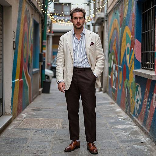 Photograph of a handsome man with curly brown hair, beard, white blazer, striped shirt, brown pants, and brown shoes, standing in a