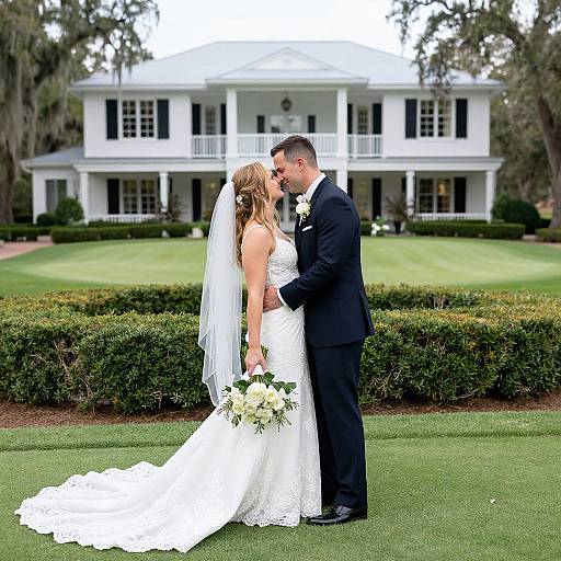 Photograph of a bride in a white lace dress and veil, holding a bouquet, kissing a groom in a black suit, in front of a white
