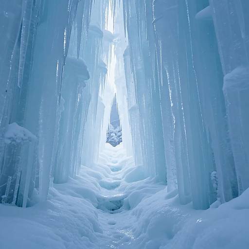 Photograph of a mesmerizing ice cave with blue-tinted icicles hanging from the ceiling, forming a glowing, white-lit center. Snow