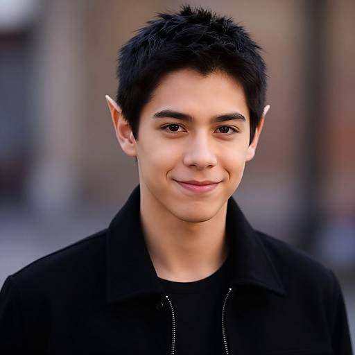 Photograph of a young Asian man with short black hair, pointed elf-like ears, fair skin, smiling, wearing a black jacket over a black shirt