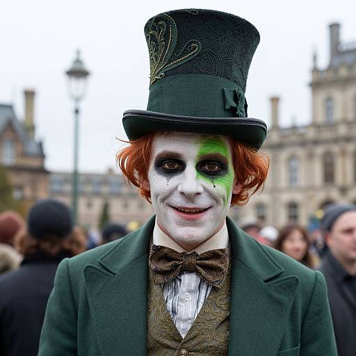 Photograph of a person in a Joker-like costume with green makeup, top hat, green coat, and bow tie, standing in a crowded outdoor setting