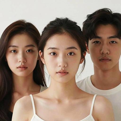 Photograph of three young East Asian individuals; two women with long black hair and one man with short black hair, all wearing white tops, against a