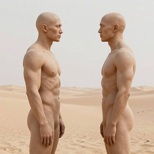 Photograph of two bald, muscular, nude men standing in profile on a sandy desert, facing each other, under a bright sky.