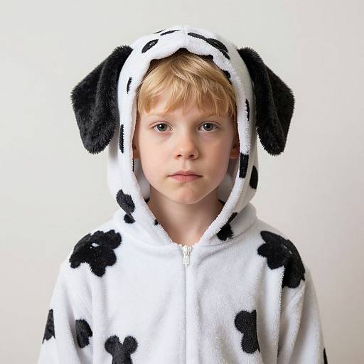 Photograph of a young boy with blond hair wearing a white cow-print hooded onesie with black spots and dog ears, against a plain white background