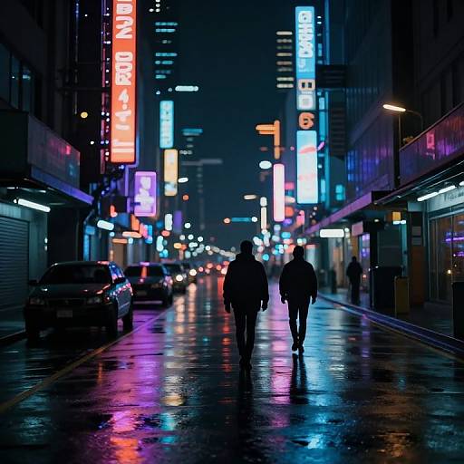 Neon-lit, rainy city street at night; silhouetted couple walks hand-in-hand, reflections of colorful signs on wet pavement, urban