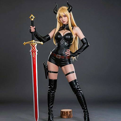 Blonde Cosplayer with Red Sword and Black Armor