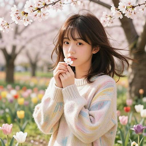 Photograph of an Asian woman with medium-length black hair, wearing a pastel-colored knit sweater, standing among blooming cherry blossoms and colorful tul