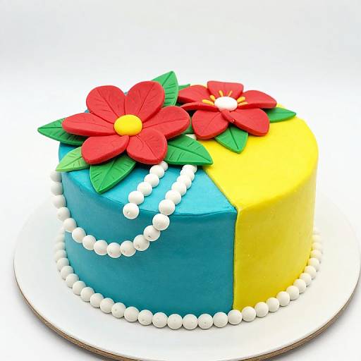 Photograph of a colorful, round cake with blue and yellow sides, adorned with red flowers, green leaves, and a white pearl necklace.