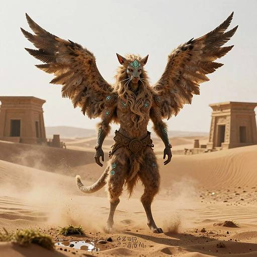 Winged Sand Djinn in Moonlit Dunes