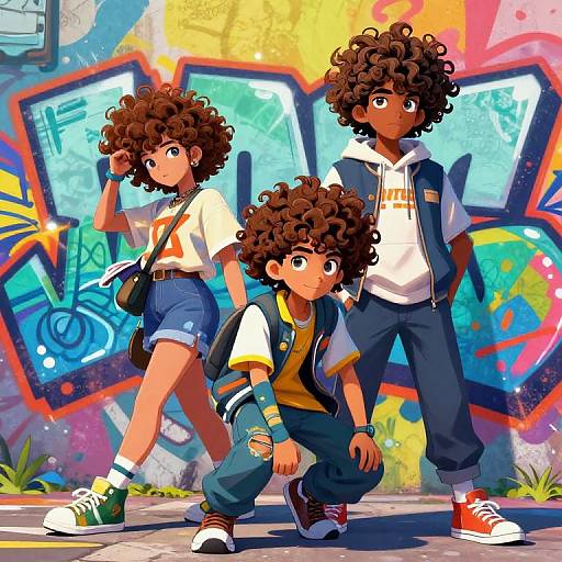 Digital illustration of three curly-haired Black children in urban streetwear, standing and crouching against colorful graffiti wall. Vibrant, detailed, and dynamic