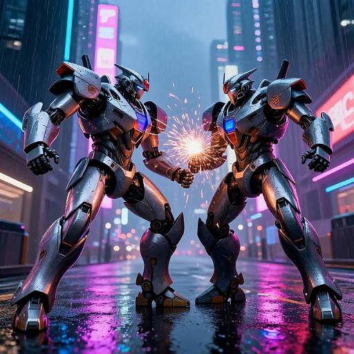 Photorealistic CGI of two futuristic, silver robots clashing with a bright spark in a neon-lit, rainy urban street.