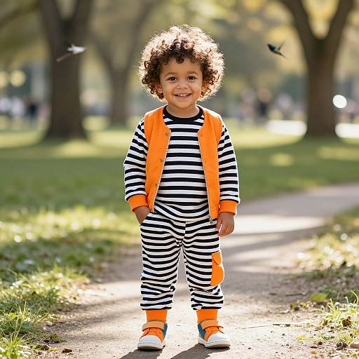 Photograph of a smiling curly-haired toddler in black-and-white striped onesie with orange vest and matching pants, standing on a sunlit park path.