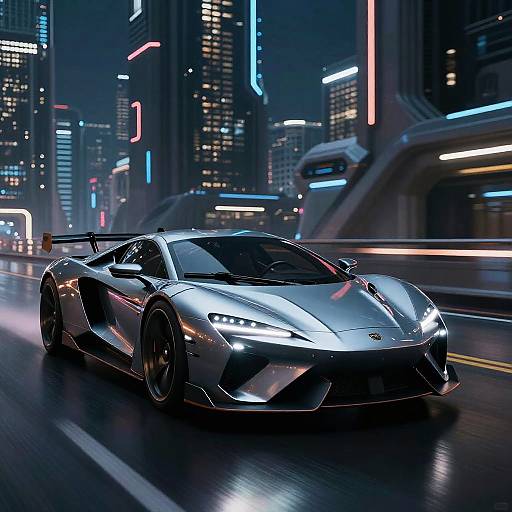 Futuristic Silver Sports Car in Cyber-Noir City