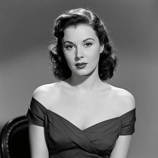 Black-and-white photograph of a 1940s-style woman with wavy dark hair, wearing an off-the-shoulder black dress, staring directly