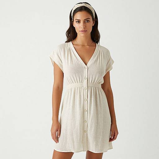 Photograph of a young woman with medium brown skin, black hair, wearing a white, short-sleeved, buttoned dress and white headband