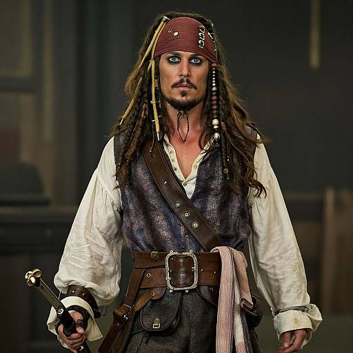 Photograph of a rugged, blue-eyed, bearded pirate with long brown hair, red bandana, white shirt, brown vest, and leather belt