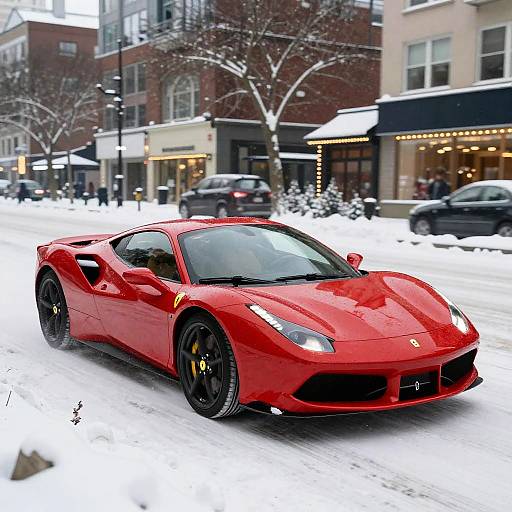 Red Ferrari Racing Through Snowy City