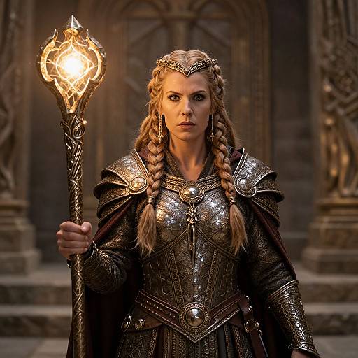 Photorealistic CGI of a blonde, armored woman with braided hair, holding a glowing, ornate staff, standing in a dimly lit,
