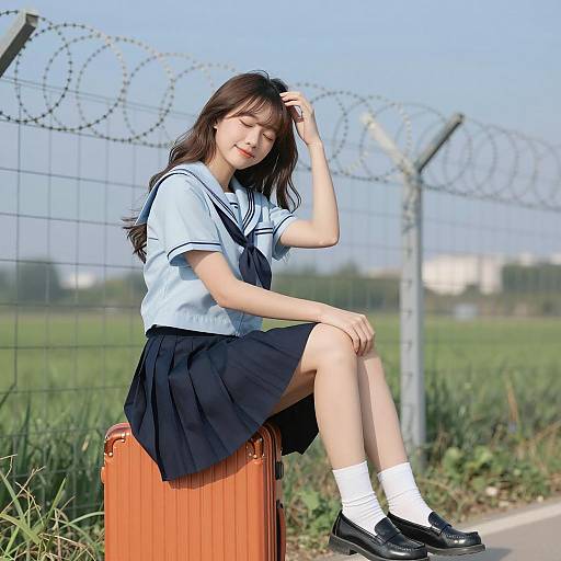 Smiling Asian Girl with Orange Suitcase