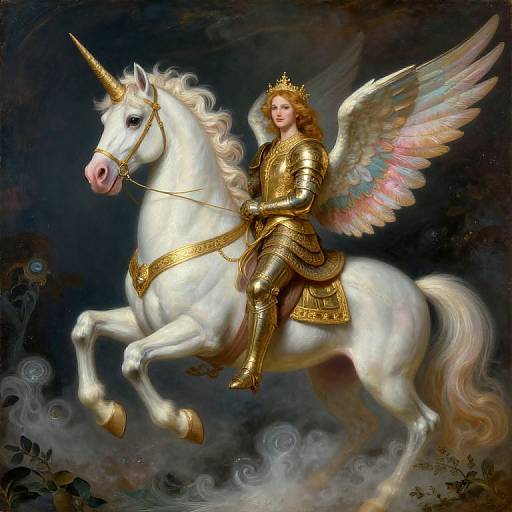 Digital painting of a regal angelic woman with golden armor and crown, riding a white unicorn with pink-tipped wings, set against a dark,