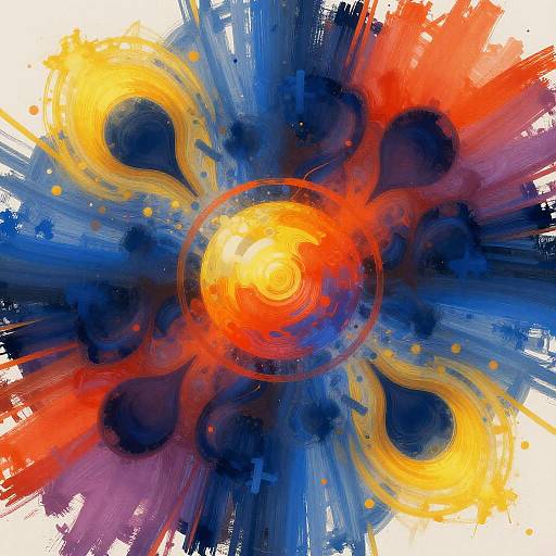 Abstract digital painting with a central bright orange-yellow spiral, surrounded by blue, red, and yellow swirling patterns and dark circles.