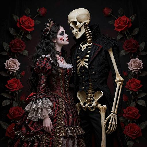Digital artwork of a Gothic-style woman in a detailed red dress, kissing a skeletal figure against a dark background with red roses.