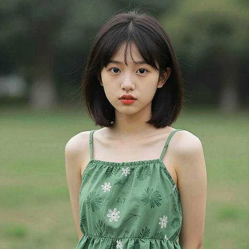 Photograph of a young Asian woman with short black hair, wearing a green floral dress, standing in a blurred grassy park.