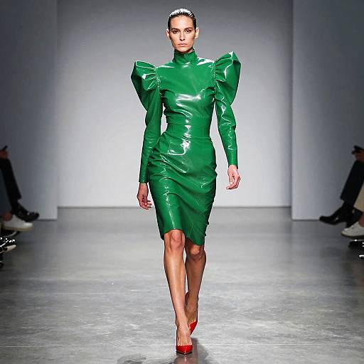 Model in Green Latex Dress on Runway