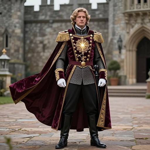 Photograph of a young man with curly blonde hair in a detailed 18th-century military uniform with gold epaulettes, white gloves, and