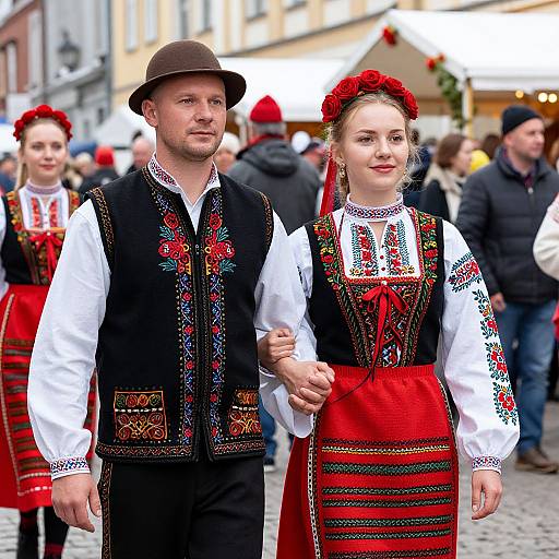 Photograph of a couple in traditional Polish folk costumes, holding hands, with red floral crowns and embroidered black vests and red skirts, standing on a