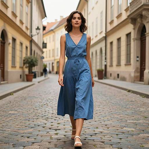Woman in Blue Dress on European Street