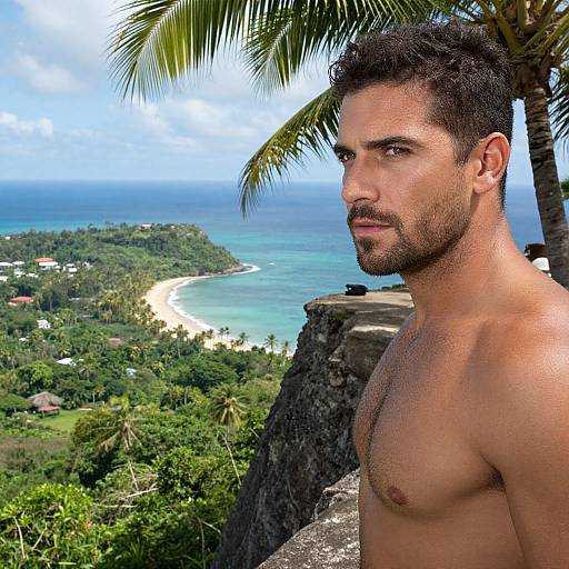Photograph of a shirtless, muscular, dark-haired man with a trimmed beard standing on a cliff, overlooking a tropical beach and ocean with lush green
