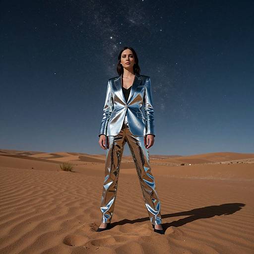 Photograph of a woman with long black hair standing in a desert at night, wearing a shiny silver blazer and pants, under a starry sky