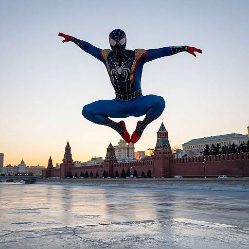 Photograph of a person in a Spider-Man costume mid-air jump against a sunset backdrop of Moscow's Red Square and Kremlin.