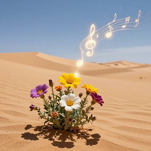 Photograph of colorful flowers (purple, white, yellow, red) in desert sand, with musical notes and treble clef glowing in bright blue