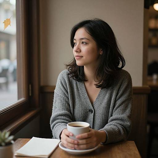Photograph of a young woman with medium-length black hair, wearing a gray knitted cardigan, sitting at a café table, holding a white cup