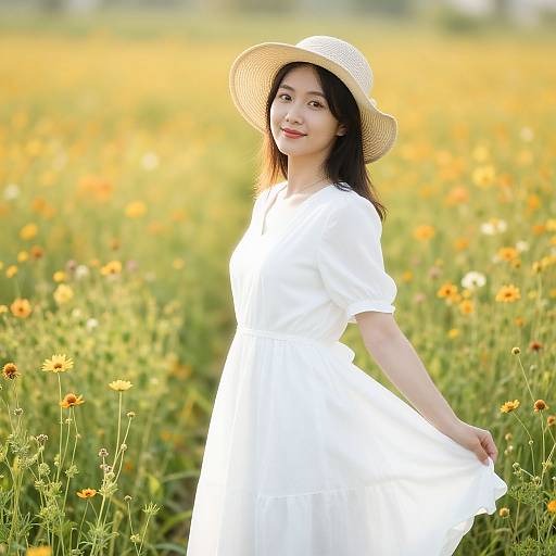 Photograph of an Asian woman with long black hair, wearing a white dress and straw hat, smiling in a sunlit field of yellow flowers.